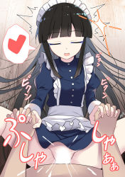 Rule 34 | 1boy, 1girl, android, apron, black hair, blank censor, blunt bangs, buttons, censored, closed eyes, commentary request, e.o., frilled apron, frills, heart, highres, holding hands, interlocked fingers, long hair, maid, maid apron, maid headdress, missionary, nanami (e.o.), open mouth, orgasm, original, pov, sex, speech bubble, spoken heart, translation request, vaginal