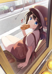 Rule 34 | 1girl, ^^^, arm at side, bakery, blue eyes, blush, braid, bread, brown dress, cabbie hat, day, dress, dutch angle, eating, food, from behind, hair ribbon, hat, highres, holding, holding food, long hair, looking at viewer, looking back, mole, mole under eye, mole under mouth, original, outdoors, purple hat, red ribbon, ribbon, road, shirt, shop, short sleeves, single braid, sitting, solo, street, sunlight, sweat, sweets, through window, tokumaro, v-shaped eyebrows, white shirt, window