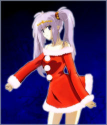 Rule 34 | 00s, blue background, christmas, cowboy shot, gradient background, outline, pointy ears, pom pom (clothes), primula, santa costume, shuffle!, solo, standing, tagme, twintails