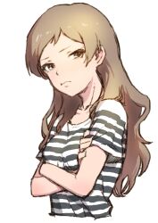 Rule 34 | 1girl, breasts, brown eyes, brown hair, closed mouth, cropped torso, crossed arms, highres, idolmaster, idolmaster million live!, kitazawa shiho, long hair, medium breasts, nametake, shirt, short sleeves, simple background, solo, striped clothes, striped shirt, upper body, white background