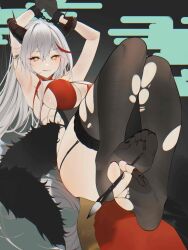 Rule 34 | 1girl, :q, absurdres, aegir (azur lane), aegir (golden dragon among auspicious clouds) (azur lane), annlee, armpits, arms up, ass, azur lane, bare arms, bare shoulders, between toes, bikini, bikini top only, black gloves, black thighhighs, bound, bound wrists, breasts, cleavage, closed mouth, feet, foot focus, holding with feet, garter straps, gloves, highres, horns, large breasts, legs up, long hair, looking at viewer, multicolored hair, nail polish, official alternate costume, paintbrush, red bikini, restrained, skindentation, smile, soles, solo, streaked hair, string bikini, swimsuit, thighhighs, toenail polish, toenails, toes, tongue, tongue out, torn clothes, torn thighhighs, white hair, yellow eyes