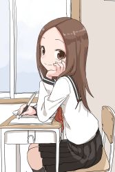 Rule 34 | 1girl, absurdres, black sailor collar, black skirt, black socks, blush, brown eyes, brown hair, chair, closed mouth, commentary request, desk, forehead, from side, head rest, highres, holding, holding pencil, indoors, karakai jouzu no takagi-san, kneehighs, long hair, long sleeves, looking at viewer, looking to the side, neckerchief, on chair, parted bangs, pencil, pleated skirt, red neckerchief, sailor collar, school chair, school desk, school uniform, serafuku, shirt, sitting, skirt, smile, socks, solo, takagi-san, white shirt, window, yamamoto souichirou