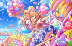 Rule 34 | 1girl, :3, alternate hairstyle, amusement park, artist request, balloon, blue sky, blush, bow, breasts, brown eyes, candy, confetti, day, detached sleeves, dress, food, frilled dress, frills, gloves, hair bow, hair ornament, hairclip, heart, heart balloon, holding, idolmaster, idolmaster cinderella girls, idolmaster cinderella girls starlight stage, long hair, looking at viewer, macaron, medium breasts, moroboshi kirari, musical note, necktie, official art, orange hair, petticoat, polka dot, puffy short sleeves, puffy sleeves, ribbon, short sleeves, sky, smile, solo, star (symbol), striped necktie, striped neckwear, stuffed animal, stuffed toy, teddy bear, thighhighs, two side up, white gloves