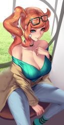 Rule 34 | 1girl, absurdres, bare shoulders, black-framed eyewear, blush, breasts, choker, cian yo, cleavage, closed mouth, coat, creatures (company), denim, from above, game freak, glasses, glasses on head, grass, green eyes, hand on own chest, highres, jeans, large breasts, legs, long hair, looking at viewer, nintendo, off shoulder, orange hair, pants, pokemon, pokemon swsh, side ponytail, sitting, smile, solo, sonia (pokemon), thighs