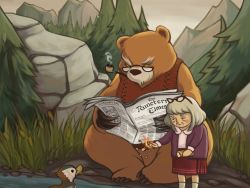 Rule 34 | 1girl, annie (league of legends), bear, bespectacled, bird, blush stickers, bread, cardigan, duck, eyewear on head, fire, food, forest, glasses, grey hair, league of legends, moomyell, nature, newspaper, old, old woman, aged up, outdoors, reading, red skirt, skirt, sweater vest, tibbers
