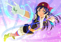 Rule 34 | 1girl, blue hair, braid, commentary request, dancing stars on me!, frills, full body, gloves, hair between eyes, hat, highres, isami don, long hair, looking at viewer, love live!, love live! school idol project, open mouth, outstretched arm, skirt, solo, sonoda umi, standing, striped clothes, striped thighhighs, thighhighs, yellow eyes