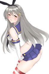 Rule 34 | 1girl, absurdres, black hairband, black neckerchief, blue sailor collar, blue skirt, brown eyes, commentary request, cosplay, cowboy shot, crop top, elbow gloves, gloves, grey background, grey hair, hair ornament, hairband, hairclip, haruna (kancolle), highres, kantai collection, kneeling, long hair, looking at viewer, microskirt, neckerchief, nitamako (sakamalh), no panties, pleated skirt, revision, sailor collar, shimakaze (kancolle), shimakaze (kancolle) (cosplay), simple background, skirt, solo, striped clothes, striped thighhighs, thighhighs, underwear, white gloves