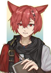 Rule 34 | 1boy, animal ears, black scarf, book, cat ears, eyebrows hidden by hair, final fantasy, final fantasy xiv, g&#039;raha tia, hair between eyes, hair over one eye, highres, holding, holding book, lips, looking at viewer, moku buffmm, multiple necklaces, neck tattoo, red eyes, red hair, red shirt, scarf, shirt, signature, simple background, smile, solo, tattoo, teeth, two-tone shirt, upper body, white shirt