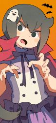 Rule 34 | 1girl, black hair, cape, claw pose, constanze amalie von braunschbank-albrechtsberger, fangs, ghost hair ornament, halloween, highres, little witch academia, long hair, nakkasu, open mouth, ponytail, solid eyes, solo, vampire costume