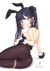 Rule 34 | 1girl, absurdres, animal ears, aqua eyes, arm support, ass, bare shoulders, black gloves, black hair, black leotard, blush, breasts, choker, dot nose, earrings, from behind, genshin impact, gloves, gouka, green eyes, highres, jewelry, leotard, long hair, looking at viewer, looking back, medium breasts, mona (genshin impact), open mouth, pantyhose, playboy bunny, rabbit ears, rabbit tail, revision, sideboob, signature, simple background, small breasts, sparkle hair ornament, sparkle print, strapless, strapless leotard, tail, thigh strap, thighlet, thighs, twintails, white background, wrist cuffs