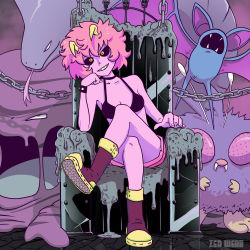 Rule 34 | 1girl, absurdres, arbok, arm rest, arm support, artist name, ashido mina, bare arms, bare legs, bare shoulders, bikini, bikini top only, black sclera, boku no hero academia, boots, chain, colored sclera, colored skin, creatures (company), crossed legs, crossover, full body, game freak, gen 1 pokemon, grin, hand on own cheek, hand on own face, hand up, head rest, highres, huge filesize, leaning to the side, looking at viewer, muk, nintendo, orange eyes, pink hair, pokemon, pokemon (creature), pokemon rgby, purple skin, shorts, sitting, skull, smile, swimsuit, throne, trait connection, venonat, zea webb, zubat