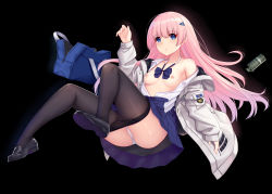 Rule 34 | 1girl, absurdres, allenes, ass, bag, black background, black footwear, blue eyes, blue skirt, blush, breasts, brown pantyhose, clothes pull, collarbone, collared shirt, commentary, dress shirt, full body, grey jacket, hair between eyes, hair ornament, hairclip, hand up, highres, jacket, loafers, long hair, long sleeves, medium breasts, nipples, no bra, off shoulder, open clothes, open jacket, open shirt, original, panties, pantyhose, pantyhose pull, parted lips, pink hair, pleated skirt, school bag, shirt, shoes, skirt, sleeves past wrists, smoke grenade, solo, underwear, very long hair, white panties, white shirt