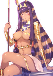 Rule 34 | 1girl, clothes between thighs, crossed legs, dark-skinned female, dark skin, earrings, egyptian, egyptian clothes, facial mark, fate/grand order, fate (series), hairband, highres, hoop earrings, ibuki notsu, jewelry, long hair, looking at viewer, multicolored hair, navel, nitocris (fate), nitocris (third ascension) (fate), purple eyes, purple hair, simple background, sitting, solo, two-tone hair, very long hair, white background