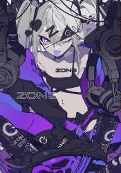 Rule 34 | 1girl, absurdres, black shorts, boots, breasts, can, collarbone, colored eyelashes, dive to zone, energy drink, eyepatch, eyepatch lift, gradient legwear, hair between eyes, headphones, heart, highres, looking at viewer, mochizuki kei, navel, off shoulder, one eye closed, power symbol, product girl, product placement, purple eyes, purple theme, shorts, small breasts, solo, thighhighs, tongue, tongue out, twintails, white hair