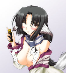 Rule 34 | 1girl, animal ears, aquaplus, black hair, blush, breasts, brown eyes, cleavage, dog ears, eruruu, hair tubes, holding, japanese clothes, large breasts, long hair, looking at viewer, nipples, one eye closed, open clothes, simple background, tail, upper body, utawarerumono, white background, wink