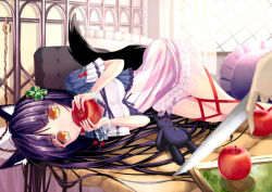 Rule 34 | 1girl, animal ears, apple, bed, blurry, bracelet, chain, chain-link fence, clover, covered mouth, depth of field, dress, eyebrows, fence, food, four-leaf clover, framed, frills, fruit, hair ornament, hairclip, holding, holding food, holding fruit, indoors, jewelry, knife, leg ribbon, long hair, looking at viewer, lying, on side, original, out of frame, picture frame, pillow, purple hair, ribbon, shiroori kanade, solo, solo focus, striped clothes, striped dress, stuffed animal, stuffed rabbit, stuffed toy, tail, very long hair, yellow eyes