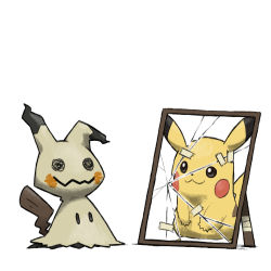 Rule 34 | :3, black eyes, blacknirrow, bright pupils, broken glass, broken mirror, closed mouth, commentary, creatures (company), different reflection, english commentary, game freak, gen 1 pokemon, gen 7 pokemon, glass, looking at mirror, mimikyu, mirror, nintendo, no humans, pikachu, pokemon, pokemon (creature), reflection, simple background, smile, tape, white background, white pupils