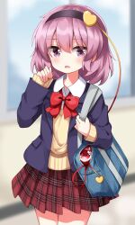 Rule 34 | 1girl, alternate costume, bag, black hairband, blazer, blue bag, blurry, blurry background, blush, bow, bowtie, commentary request, cowboy shot, eyes visible through hair, hair between eyes, hairband, hand up, heart, highres, holding strap, jacket, komeiji satori, lapels, long sleeves, looking at viewer, miniskirt, open clothes, open jacket, open mouth, pink eyes, pink hair, plaid, plaid skirt, pleated skirt, purple jacket, red bow, red bowtie, red skirt, ruu (tksymkw), school bag, shirt, short hair, shoulder bag, skirt, solo, split mouth, standing, sweater, third eye, touhou, white shirt, yellow sweater
