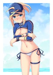 Rule 34 | 1girl, ahoge, artoria pendragon (fate), baseball cap, bikini, bikini bottom only, blonde hair, blue eyes, blue hat, blue sky, blush, border, breasts, closed mouth, cloud, covering breasts, covering privates, cross (crossryou), day, fate/grand order, fate (series), hair between eyes, hair through headwear, hat, highres, looking at viewer, medium breasts, mysterious heroine x (fate), mysterious heroine xx (fate), navel, ponytail, short hair, short ponytail, shrug (clothing), side-tie bikini bottom, sky, solo, standing, swimsuit, thigh strap, water, white bikini, white border, zipper pull tab