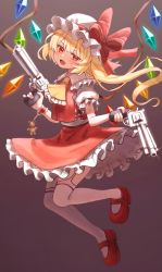 Rule 34 | 1girl, :d, ascot, blonde hair, blush, bow, commentary request, crystal, fang, flandre scarlet, frilled shirt, frilled shirt collar, frilled skirt, frilled sleeves, frills, full body, gun, handgun, hat, hat bow, hat ribbon, highres, hisako (6anmbblfnjueeff), holding, holding gun, holding weapon, looking to the side, mary janes, medium hair, mob cap, one side up, open mouth, pistol, puffy short sleeves, puffy sleeves, red bow, red eyes, red footwear, red ribbon, red skirt, red vest, ribbon, shirt, shoes, short sleeves, side ponytail, skirt, skirt set, smile, solo, thighhighs, touhou, vest, weapon, white hat, white shirt, white thighhighs, wings, wrist cuffs, yellow ascot