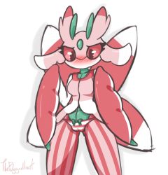 Rule 34 | 1girl, antennae, arthropod girl, artist name, blush, bow, bow panties, breasts, cameltoe, collarbone, colored sclera, creatures (company), embarrassed, female focus, furry, furry female, game freak, gen 7 pokemon, green bow, hands up, highres, legs apart, looking down, lurantis, medium breasts, navel, nintendo, no mouth, panties, pink panties, pink sclera, pinstripe pattern, pokemon, pokemon (creature), pokemon sm, red eyes, signature, simple background, solo, standing, striped clothes, striped panties, text focus, thepolygonheart, underwear, white background