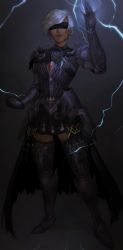 Rule 34 | 1girl, absurdres, armor, black skirt, blindfold, boots, breastplate, closed mouth, commentary, commission, copyright request, covered eyes, dark-skinned female, dark skin, earrings, electricity, english commentary, faulds, final fantasy, final fantasy xiv, full body, gauntlets, greaves, hand up, highres, jewelry, matilda fiship, armored boots, miniskirt, pauldrons, pleated skirt, short hair, shoulder armor, skirt, smile, solo, thigh boots, thighhighs, waist cape, warrior of light (ff14), white hair