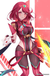 Rule 34 | 1girl, black gloves, bob cut, breasts, chest jewel, earrings, fingerless gloves, gloves, highres, jewelry, kamaniki, large breasts, leggings, letter, nintendo, pantyhose, pantyhose under shorts, pyra (xenoblade), red eyes, red hair, red shorts, red thighhighs, short hair, short shorts, shorts, solo, super smash bros., super smash bros. logo, swept bangs, sword, thighhighs, tiara, weapon, xenoblade chronicles (series), xenoblade chronicles 2