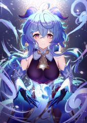 Rule 34 | 1girl, ahoge, bare shoulders, bell, black gloves, blue hair, breasts, commentary request, cowboy shot, detached sleeves, ganyu (genshin impact), gao kawa, genshin impact, gloves, highres, horns, long hair, long sleeves, looking at viewer, magic, medium breasts, neck bell, orb, partial commentary, pink eyes, qilin (mythology), smile, solo, standing, very long hair, white sleeves, wind