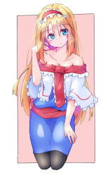 Rule 34 | 1girl, alice margatroid, black pantyhose, blonde hair, blue dress, blue eyes, blush, breasts, capelet, cleavage, closed mouth, commentary request, dondyuruma, dress, expressionless, frilled hairband, frills, hairband, highres, lolita hairband, long hair, looking at viewer, medium breasts, pantyhose, red hairband, sitting, solo, touhou, very long hair, white capelet