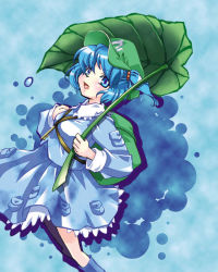 Rule 34 | 1girl, backpack, bag, blue eyes, blue hair, blue skirt, blue theme, female focus, fifty, hair bobbles, hair ornament, hat, kawashiro nitori, key, leaf, long sleeves, looking at viewer, matching hair/eyes, simple background, skirt, smile, solo, touhou, two side up
