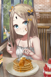 Rule 34 | 1girl, abigail williams (fate), bare shoulders, black bow, blonde hair, blue eyes, blurry, blush, bow, breasts, camisole, chair, closed mouth, collarbone, depth of field, eating, fate/grand order, fate (series), food, food on face, forehead, fork, fruit, hair bow, highres, keyhole, knife, licking lips, long hair, looking at viewer, multiple hair bows, orange bow, pancake, parted bangs, parusu (ehyfhugj), plate, small breasts, smile, solo, strawberry, table, tongue, tongue out, white camisole, wooden table