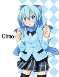 Rule 34 | 1girl, alternate costume, black thighhighs, blue eyes, blue hair, blush, bow, character name, checkered clothes, checkered skirt, chestnut mouth, cirno, hair bow, jacket, mizune (winter), open mouth, scarf, school uniform, shirt, skirt, solo, thighhighs, touhou, wings, zettai ryouiki