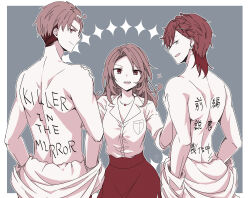 Rule 34 | 1girl, 2boys, absurdres, ashikari ibara, bare back, bare shoulders, body writing, enkichi, hand on another&#039;s shoulder, highres, jewelry, killer in the mirror, looking at viewer, looking back, miminashi yoshikazu, multiple boys, necklace, shirt, sparkle, sujisaki kenji, teeth, too many hairclips, upper teeth only, white shirt