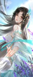 Rule 34 | 1girl, bare shoulders, blue sky, breasts, closed mouth, doupo cangqiong, dress, earrings, facial mark, falling petals, floating hair, forehead mark, from side, glint, gu xun er (doupo cangqiong), head tilt, highres, jewelry, long hair, medium breasts, orange eyes, outstretched arm, petals, reaching, reaching towards viewer, second-party source, sky, smile, solo, upper body, white dress, yi zhi a chi