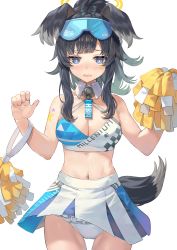 Rule 34 | 1girl, animal ears, arm tattoo, black hair, blue archive, blue eyes, blush, breasts, cleavage, clothes lift, commentary request, cowboy shot, crop top, dog ears, dog tail, frilled panties, frills, goggles, goggles on head, halo, hibiki (blue archive), hibiki (cheer squad) (blue archive), highres, holding, holding pom poms, medium breasts, midriff, millennium cheerleader outfit (blue archive), navel, panties, parted lips, pom pom (cheerleading), pom poms, ponytail, rangen, sidelocks, simple background, skirt, skirt lift, solo, standing, star tattoo, tail, tattoo, underwear, white background, white panties, white skirt