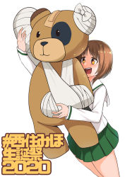 Rule 34 | 1girl, bad id, bad pixiv id, bandages, bandaid, birthday, black neckerchief, blouse, boko (girls und panzer), brown eyes, brown hair, capoki, character name, commentary, cowboy shot, dated, girls und panzer, green skirt, hashtag, highres, holding, holding stuffed toy, long sleeves, looking to the side, miniskirt, neckerchief, nishizumi miho, ooarai school uniform, open mouth, oversized object, pleated skirt, sailor collar, school uniform, serafuku, shirt, short hair, simple background, skirt, smile, solo, standing, stuffed animal, stuffed toy, teddy bear, white background, white sailor collar, white shirt
