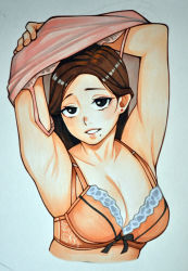Rule 34 | 1girl, adultonly, armpits, bad id, bad pixiv id, black eyes, bra, breasts, brown hair, cleavage, lips, long hair, looking at viewer, marker (medium), medium breasts, mature female, mole, mole under mouth, parted lips, seductive smile, smile, solo, traditional media, underwear, undressing, upper body