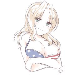 Rule 34 | 10s, 1girl, absurdres, american flag bikini, american flag print, american flag swimsuit, bikini, blonde hair, blush, breasts, cleavage, cropped torso, crossed arms, flag print, girls und panzer, green eyes, hair intakes, highres, kay (girls und panzer), large breasts, long hair, print bikini, sketch, smile, solo, swimsuit, upper body, white background