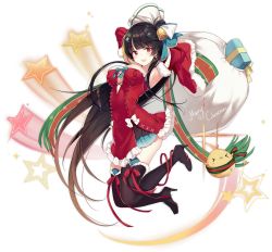 Rule 34 | 1girl, :d, agano (azur lane), agano (christmas eve tease) (azur lane), alternate costume, arched back, armpits, arms behind head, arms up, azur lane, bag, bell, black footwear, black hair, boots, box, breasts, brown hair, christmas, commentary request, detached sleeves, dress, earrings, frilled dress, frills, full body, fur trim, gift, gift box, gradient hair, hair ornament, hecha (01964237), high heel boots, high heels, highres, holding, holding sack, jewelry, large breasts, legs up, long hair, long sleeves, manjuu (azur lane), merry christmas, multicolored hair, official alternate costume, official art, open mouth, red dress, red eyes, sack, santa costume, santa dress, smile, snowflake hair ornament, star (symbol), thigh boots, thighhighs, transparent background, very long hair, wide sleeves, zettai ryouiki