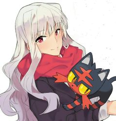Rule 34 | 1girl, :&lt;, blunt bangs, closed mouth, colored sclera, creatures (company), eyebrows, game freak, gen 7 pokemon, grey hair, highres, holding, idolmaster, idolmaster (classic), litten, long hair, long sleeves, looking at viewer, nintendo, pokemon, pokemon (creature), red eyes, red scarf, scarf, shijou takane, sidelocks, simple background, smile, tuxedo de cat, upper body, white background, yellow sclera