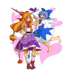 Rule 34 | 2girls, barefoot, blue dress, blue eyes, bow, chain, cirno, clinging, couple, dress, floating, hair bow, hand on own hip, heart, highres, horns, ibuki suika, ice, ice wings, kia (tumblr), long hair, low-tied long hair, multiple girls, muscular, open mouth, orange hair, red eyes, sleeveless, smile, smirk, sparkling eyes, touhou, transparent background, wings, yuri