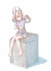 Rule 34 | 1girl, ahoge, barefoot, blonde hair, blue nails, blue shorts, blush, braid, closed eyes, commentary, cup, english commentary, enna alouette, flower, hair flower, hair ornament, head wings, highres, holding, holding cup, kettle, medium hair, mirinmarin, multicolored hair, nijisanji, nijisanji en, plate, pouring, purple shirt, shirt, shorts, simple background, sitting, sitting on object, smile, solo, t-shirt, tea, teacup, two-tone hair, washing machine, white background, wings