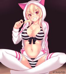 Rule 34 | 1girl, animal hood, animal print, arm behind back, bikini, blonde hair, bow, bow bikini, breasts, cat hood, cat print, cleavage, collarbone, covered erect nipples, food, food on body, food on breasts, front-tie bikini top, front-tie top, grin, hand up, head tilt, highres, holding, hood, hoodie, indian style, large breasts, looking at viewer, navel, nottytiffy, original, popsicle, sitting, smile, solo, striped bikini, striped clothes, swimsuit, thighhighs, tiffy (nottytiffy), twitter username, v-shaped eyebrows, white thighhighs, yellow eyes