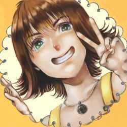 Rule 34 | + +, 1girl, brown hair, final fantasy, final fantasy viii, flipped hair, green eyes, highres, jewelry, kushako, looking at viewer, necklace, selphie tilmitt, short hair, smile, solo, teeth, v