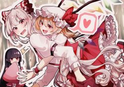 Rule 34 | 3girls, :d, absurdres, arm strap, black hair, blonde hair, bow, commentary request, covering own mouth, crystal, fang, flandre scarlet, frilled skirt, frilled sleeves, frills, fujiwara no mokou, hair between eyes, hair bow, hand in pocket, hat, hat ribbon, heart, highres, houraisan kaguya, hug, hug from behind, jealous, long hair, long sleeves, mob cap, multiple girls, nail polish, open mouth, pants, pink shirt, pointy ears, red eyes, red footwear, red nails, red pants, red ribbon, red skirt, red vest, ribbon, shirt, skin fang, skirt, smile, socks, somei ooo, speech bubble, surprised, suspenders, sweatdrop, touhou, very long hair, vest, white hair, white headwear, white socks, wings, wrist cuffs