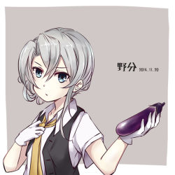 Rule 34 | 10s, 1girl, asymmetrical hair, blouse, character name, colis (regunm772), collared shirt, dated, eggplant, flipped hair, gloves, grey eyes, kantai collection, looking at viewer, necktie, nowaki (kancolle), shirt, silver hair, simple background, solo, swept bangs, vest, white gloves, yellow necktie