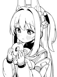 Rule 34 | 1girl, :t, blue archive, bow, braid, closed mouth, commentary request, doughnut, eating, food, food on face, greyscale, hair between eyes, hair bow, hair intakes, hands up, headgear, highres, holding, holding food, long hair, long sleeves, miyako (blue archive), monochrome, one side up, puffy long sleeves, puffy sleeves, sailor collar, seramikku, shirt, simple background, sleeves past wrists, solo, upper body, very long hair, white background