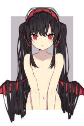 Rule 34 | 1girl, black hair, blush, brown background, collarbone, commentary request, demon wings, flat chest, hair between eyes, hair censor, hair flowing over, hair over breasts, headphones, highres, long hair, looking at viewer, nude, original, parted lips, paryi, red eyes, red wings, sidelocks, slit pupils, solo, twintails, two-tone background, upper body, very long hair, white background, wings
