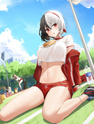 Rule 34 | 3girls, azur lane, bare legs, black footwear, blonde hair, blue sky, bluecher (azur lane), blush, bottle, bread, breasts, bruenhilde (azur lane), bruenhilde (grain-seizing grani) (azur lane), building, chain-link fence, cloud, crop top, crop top overhang, crossed bangs, day, dolphin shorts, drawstring, dutch angle, fence, food, full body, grass, gym uniform, hair between eyes, hairband, highres, jacket, kashino (azur lane), large breasts, linea alba, manjuu (azur lane), multicolored clothes, multicolored hair, multicolored jacket, multiple girls, navel, off shoulder, official alternate costume, open clothes, open jacket, outdoors, park, parted lips, qing wu, red eyes, red hairband, red jacket, red shorts, shirt, shoes, short shorts, short sleeves, shorts, sitting, sky, sleeves past wrists, sneakers, solo focus, split-color hair, stomach, striped, thighs, tree, two-tone hair, two-tone jacket, vertical stripes, wariza, water bottle, white shirt