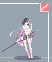 Rule 34 | 1girl, back bow, bare shoulders, belt pouch, black hair, blue eyes, bow, detached sleeves, full body, geta, grey background, grey shorts, hair ornament, hair over one eye, hairclip, highleg, highleg panties, highres, holding, holding plant, holding weapon, huge bow, kearful, navel, original, panties, pink thighhighs, plant, pointy ears, pouch, scabbard, scarf, sheath, shirt, short hair, short shorts, shorts, simple background, sleeveless, thighhighs, underwear, weapon, white scarf, white shirt